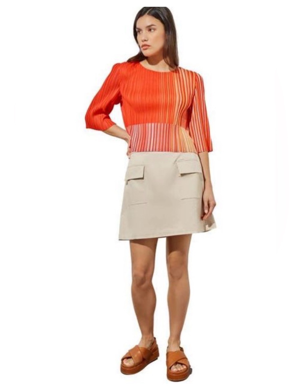 Ming Wang Red Stripe Plissé Elbow Sleeve Top